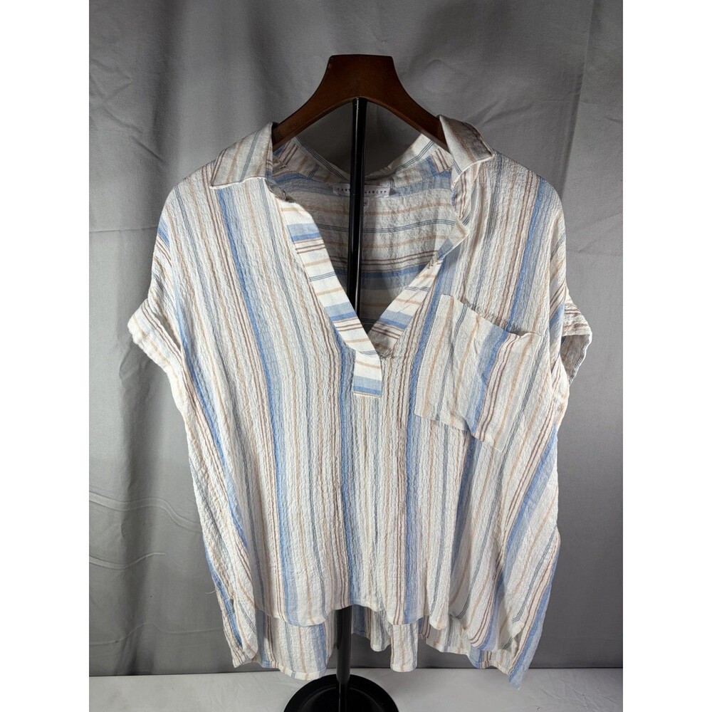 Jane Delaney Striped V-Neck Short Sleeve Blouse Beige/Blue/white Large Very Nice